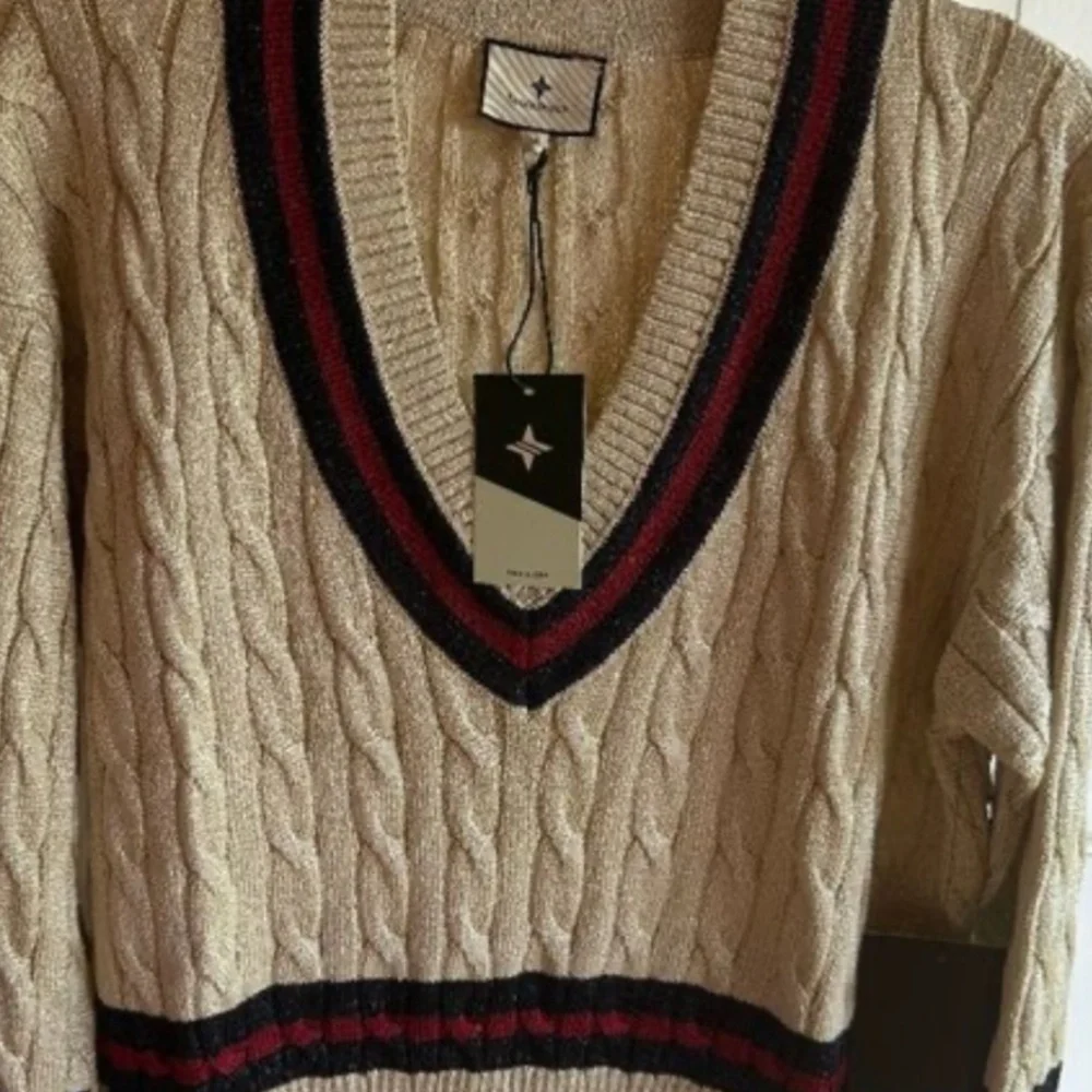 NWT TUCKERNUCK Garnet and Navy Stripe Gold Metallic Morrissey Sweater Size L - Picture 8 of 15